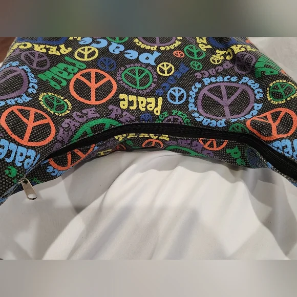 777 Lucky Brand Black With Multi-colored "Peace" Canvas Hobo Tote - Picture 5 of 7